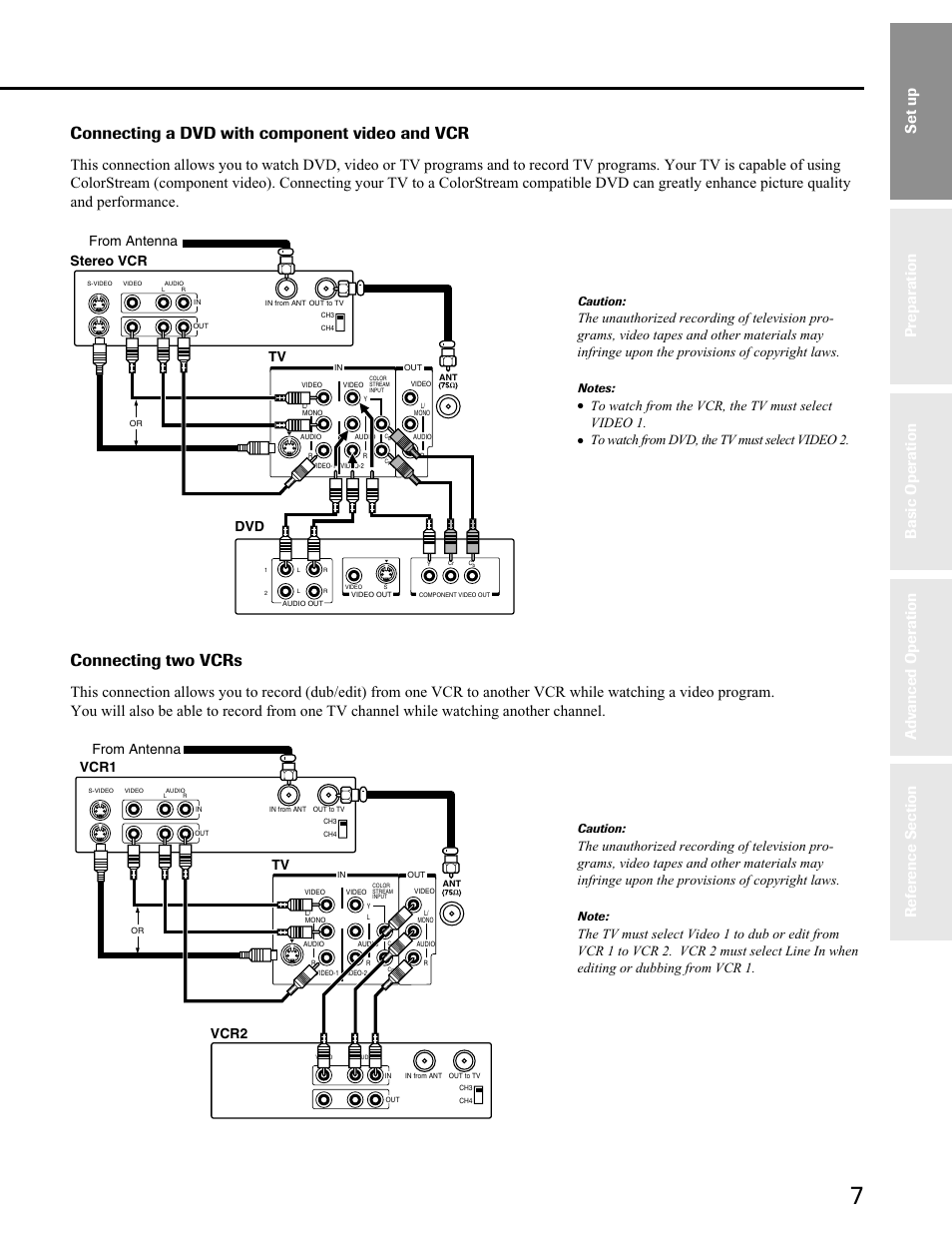 Dvd with component video and vcr, Two vcrs, Connecting a dvd with component video and vcr | Connecting two vcrs, Set up, Caution | Toshiba 27A40 User Manual | Page 7 / 36