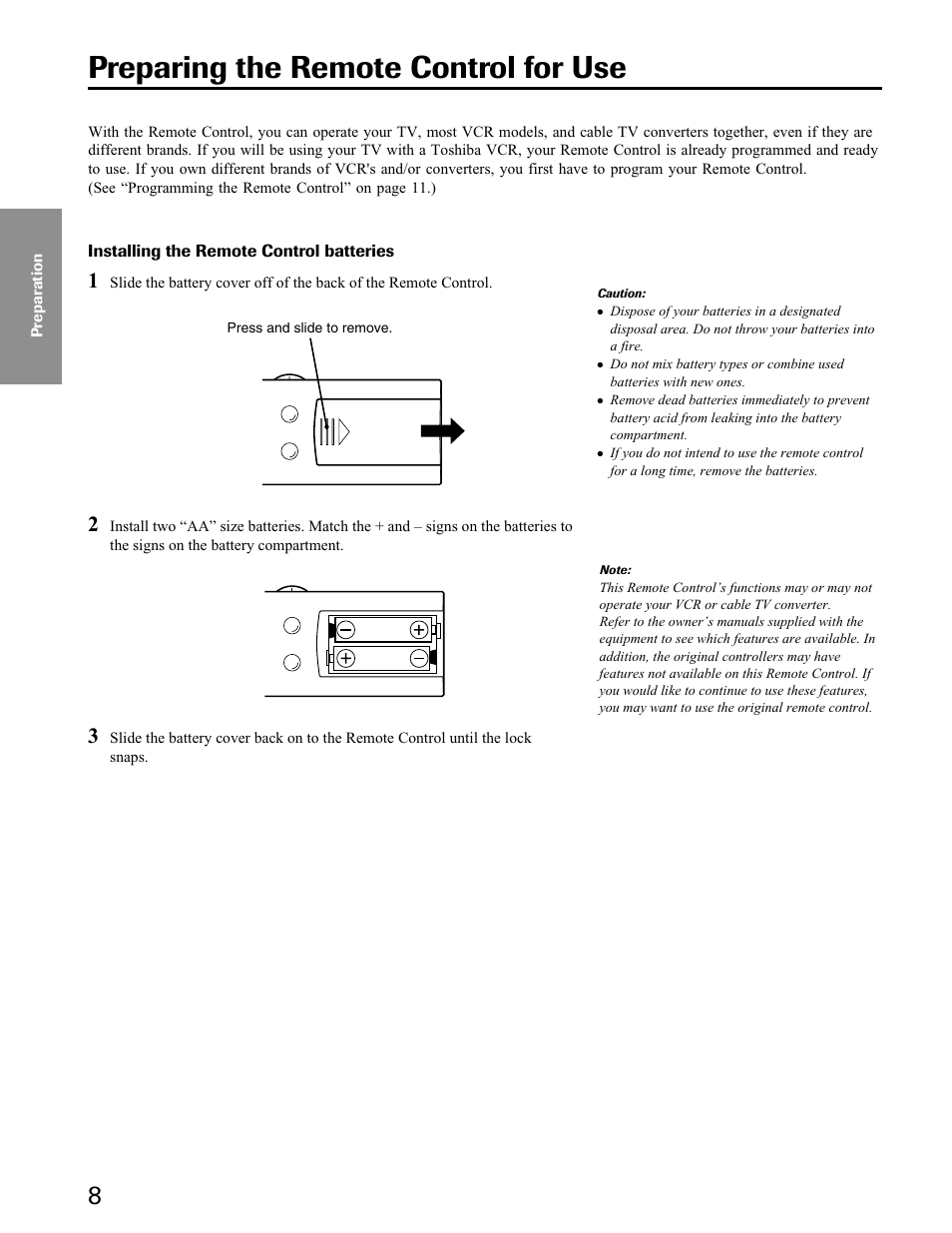 Preparation, Preparing the remote control for use | Toshiba 27A40 User Manual | Page 8 / 36