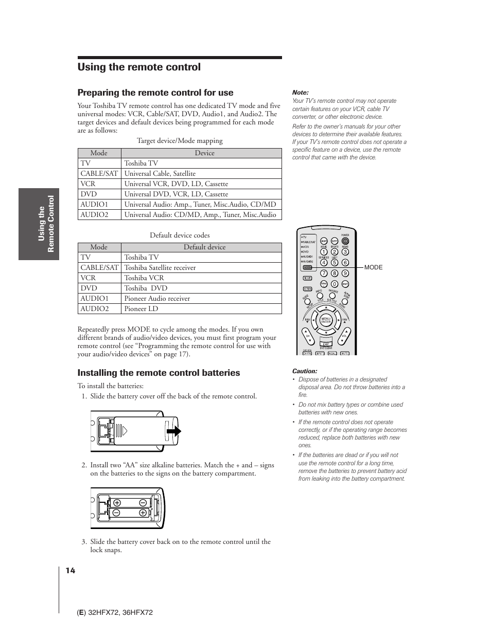 Using the remote control, Preparing for use, Preparing the remote control for use | Installing the remote control batteries | Toshiba 32HFX72 User Manual | Page 14 / 58