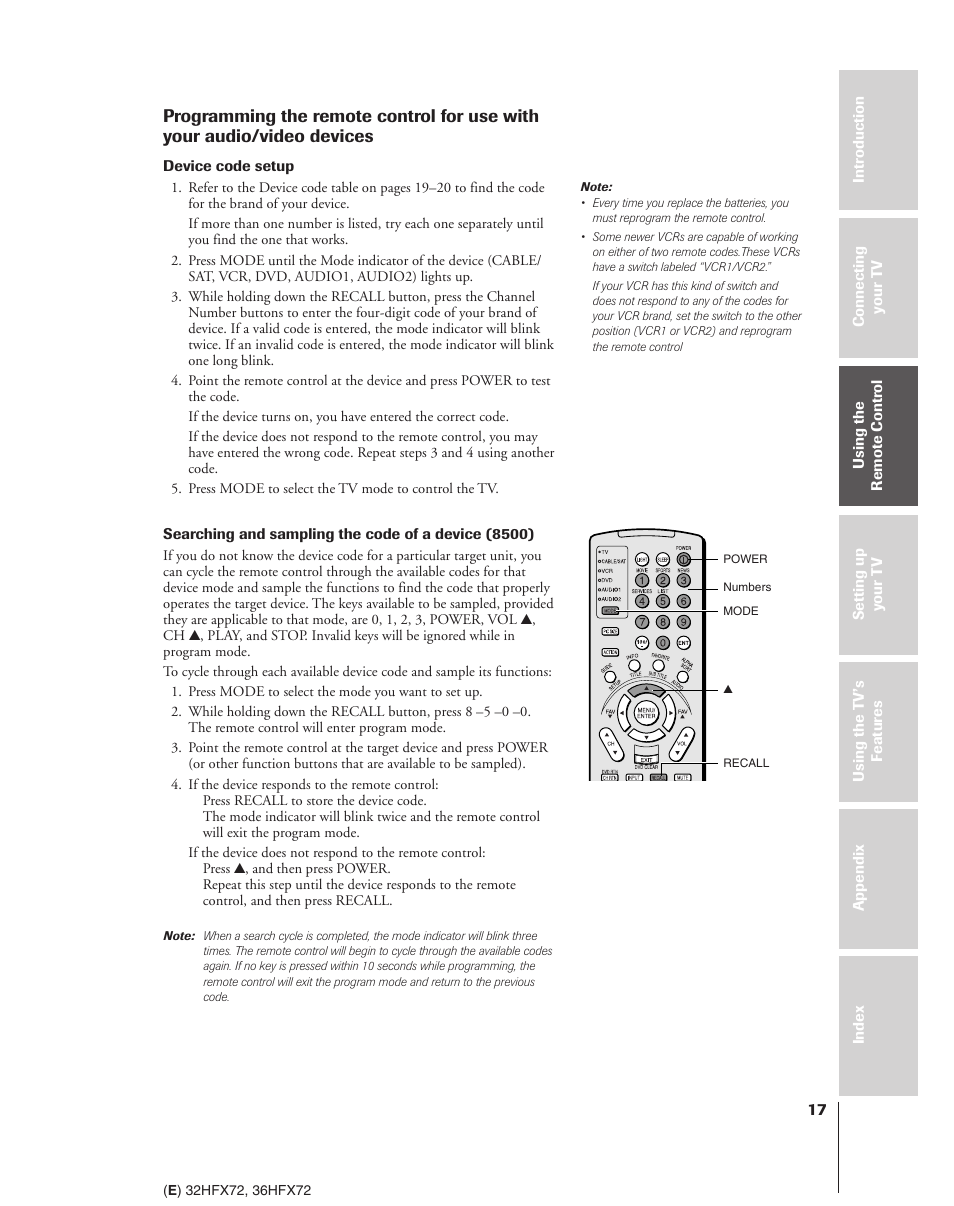 Programming for use with your audio/video devices | Toshiba 32HFX72 User Manual | Page 17 / 58