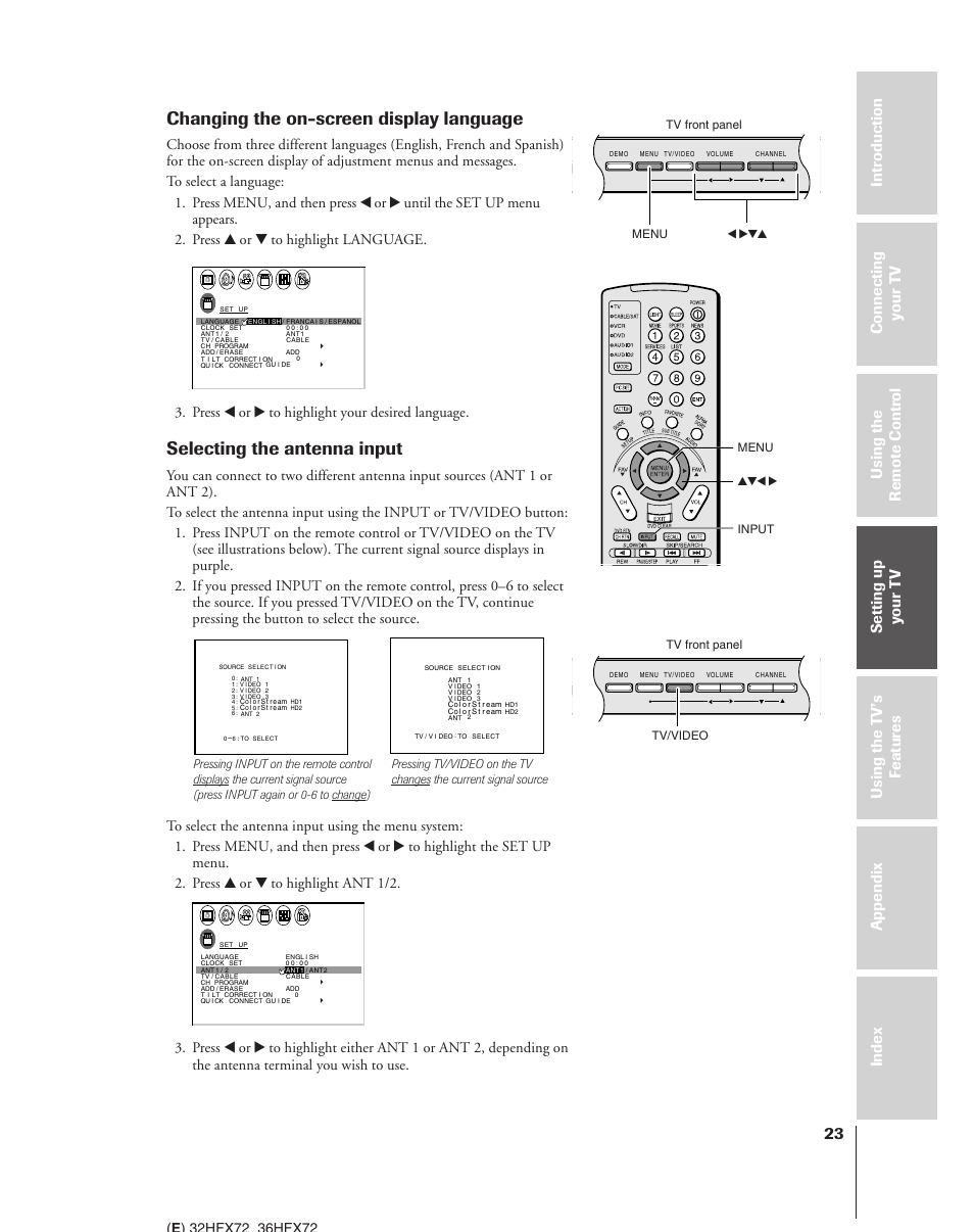 Changing on-screen display language, Selecting the antenna input, Changing the on-screen display language | Press x or • to highlight your desired language, Menu yzx • tv/video input, Menu x •zy, Tv front panel | Toshiba 32HFX72 User Manual | Page 23 / 58