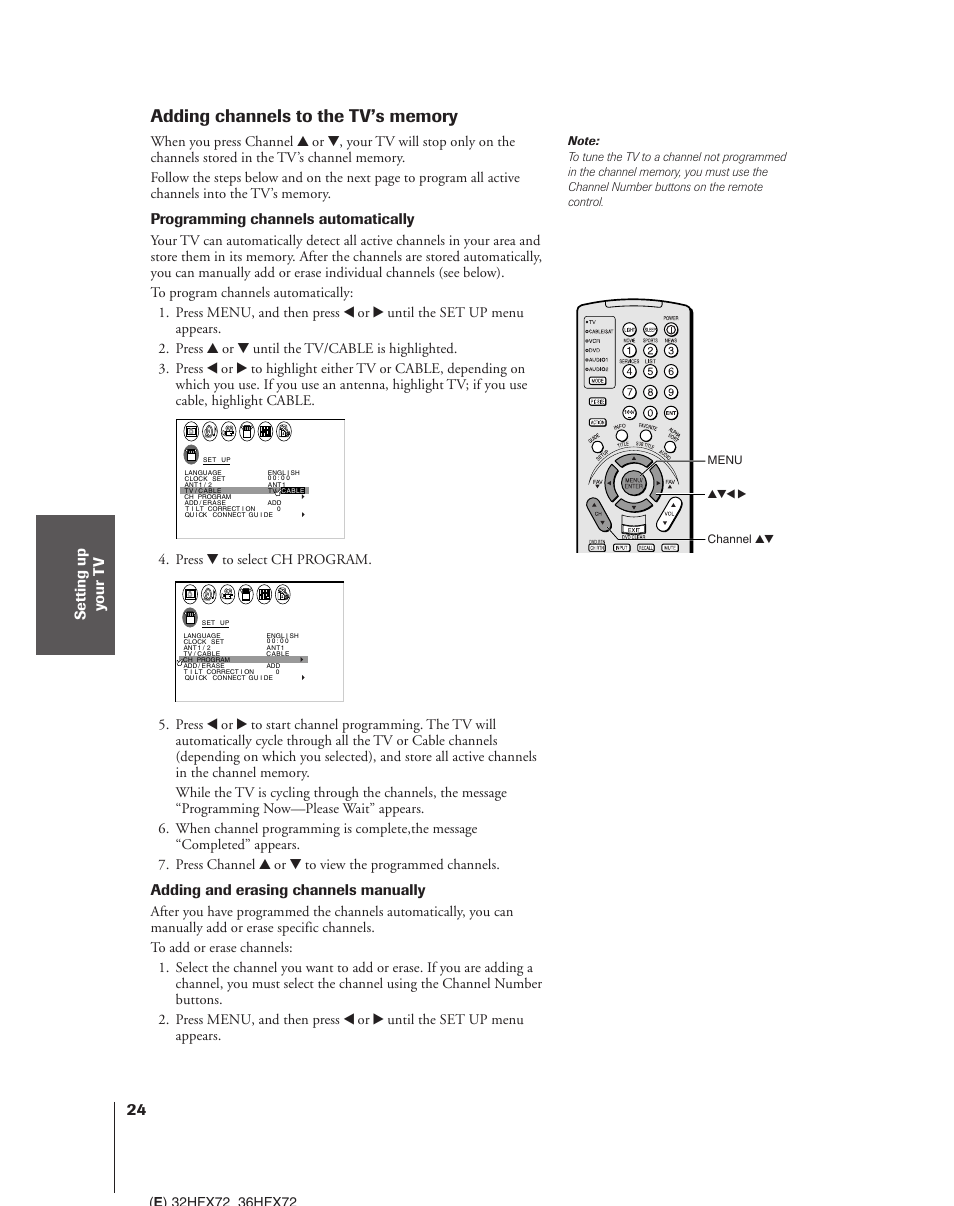 Adding channels to the tv's memory, Programming channels automatically, Adding and erasing channels manually | Toshiba 32HFX72 User Manual | Page 24 / 58