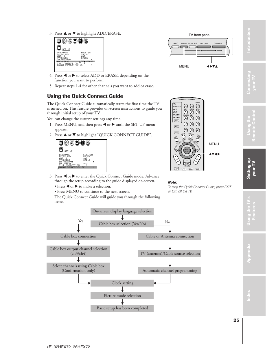 Using the quick connect guide, Press y or z to highlight add/erase, Yes no | Toshiba 32HFX72 User Manual | Page 25 / 58