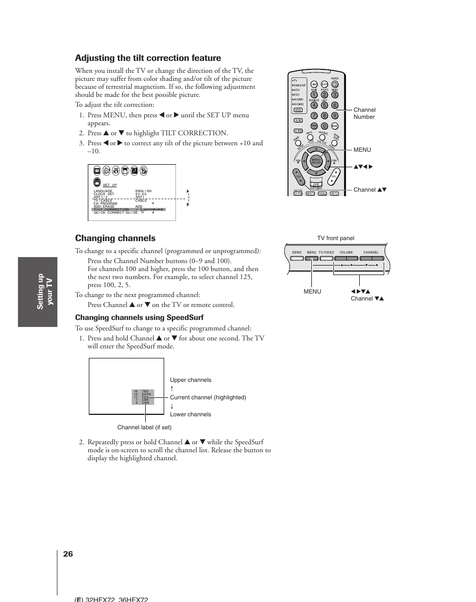 Adjusting the tilt correction feature, Changing channels, Changing channels using speedsurf | Menu yzx | Toshiba 32HFX72 User Manual | Page 26 / 58