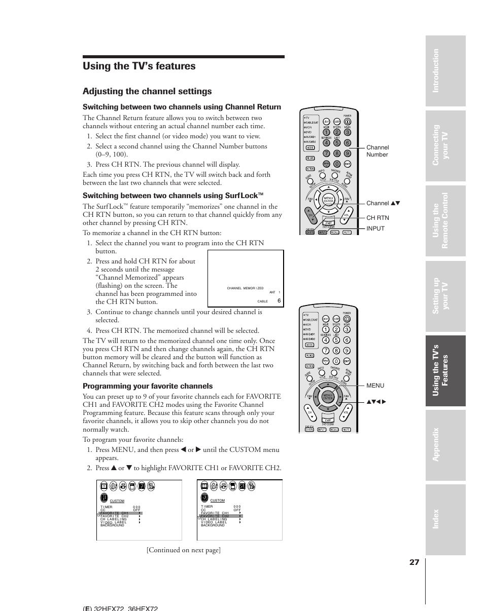 Using the tv's features, Adjusting the channel settings, Using the tv’s features | Switching between two channels using surf lock, Programming your favorite channels | Toshiba 32HFX72 User Manual | Page 27 / 58