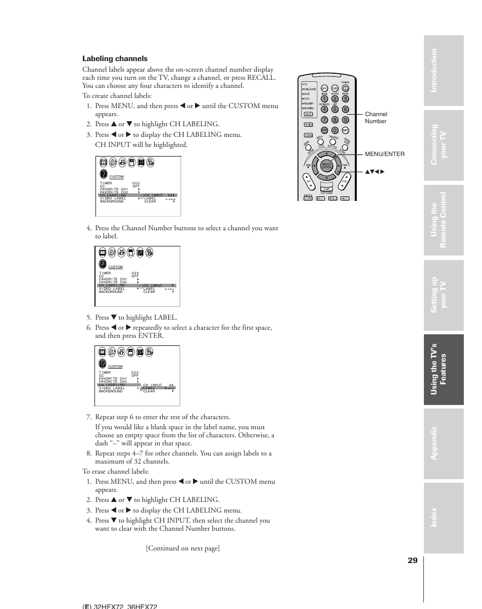 Labeling channels | Toshiba 32HFX72 User Manual | Page 29 / 58