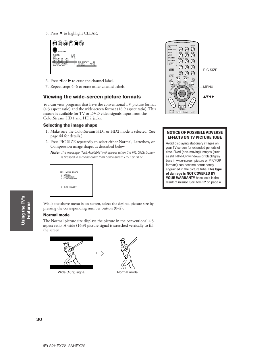 Viewing the wide-screen picture formats, Selecting the image shape | Toshiba 32HFX72 User Manual | Page 30 / 58