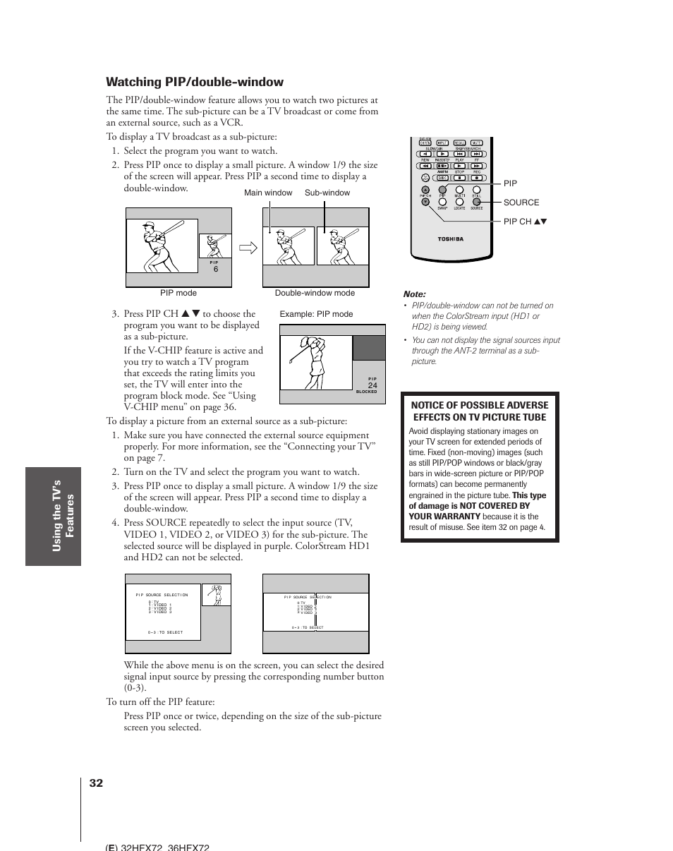 Watching pip/double-window | Toshiba 32HFX72 User Manual | Page 32 / 58