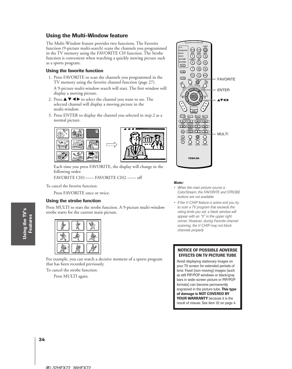 Using the multi-window feature | Toshiba 32HFX72 User Manual | Page 34 / 58