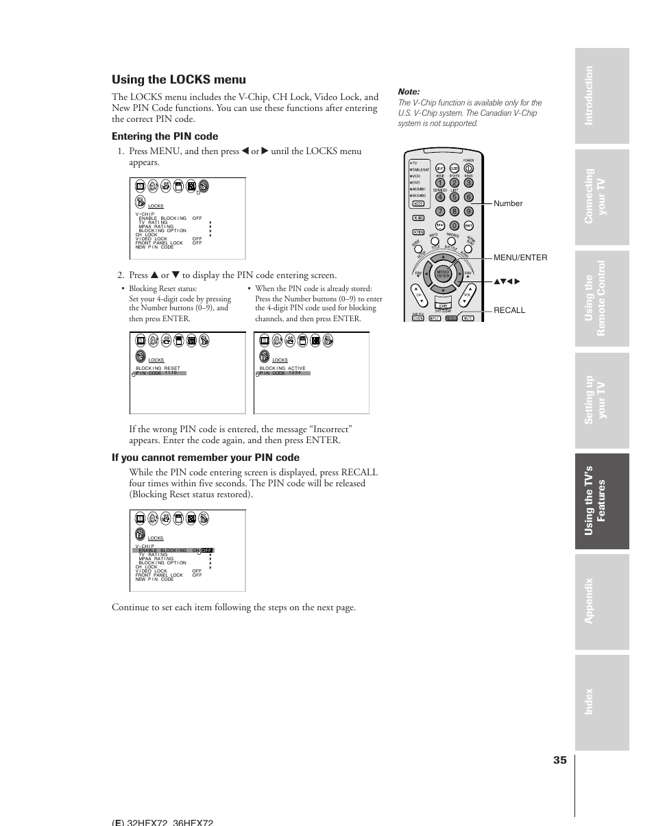 Using the locks menu, Entering the pin code, If you cannot remember your pin code | Toshiba 32HFX72 User Manual | Page 35 / 58