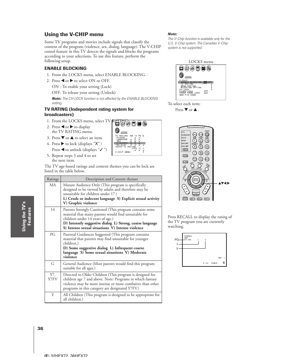 Using the v-chip menu, Enable blocking | Toshiba 32HFX72 User Manual | Page 36 / 58