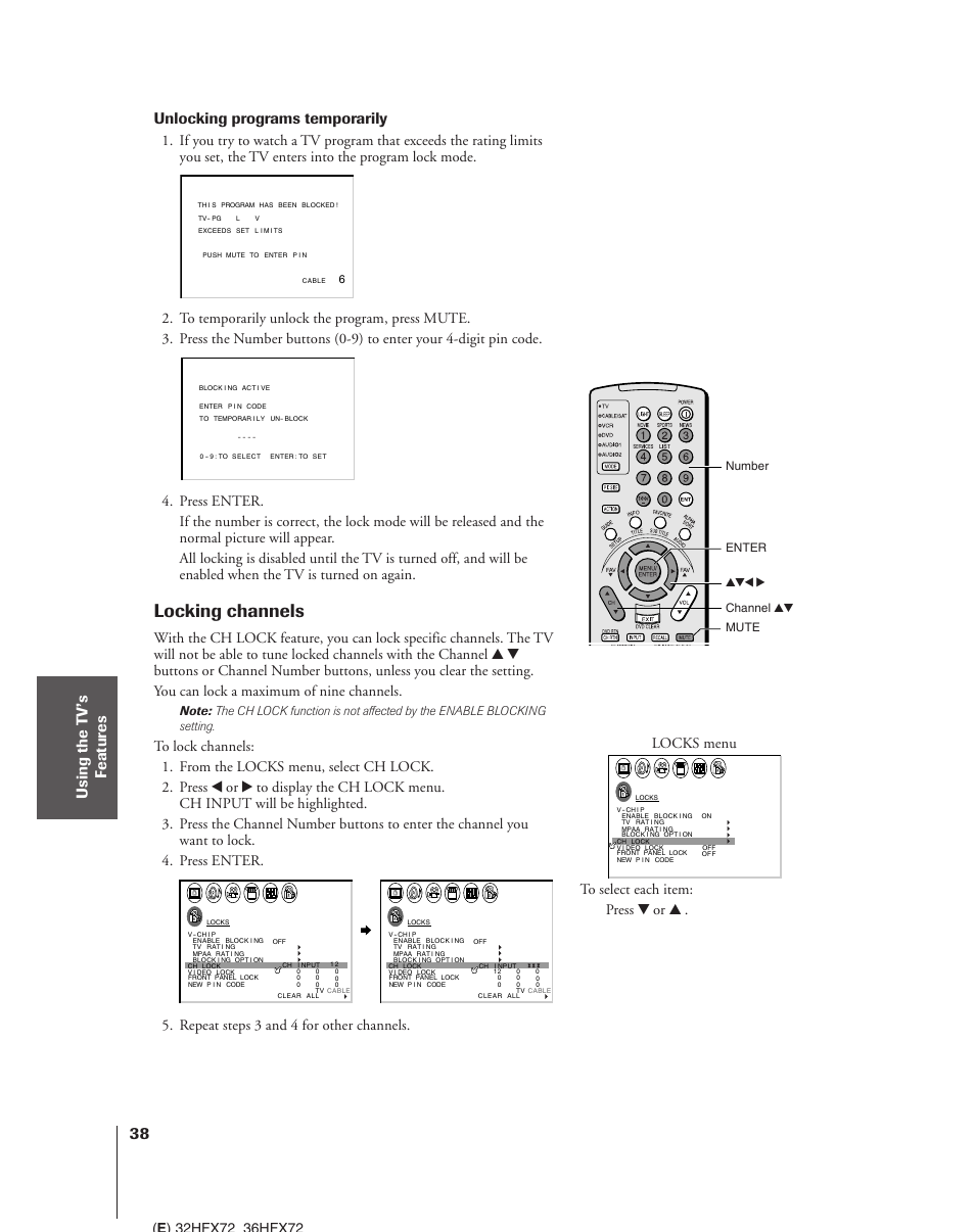 Locking channels, Unlocking programs temporarily, Enter yzx • mute number channel yz | Toshiba 32HFX72 User Manual | Page 38 / 58