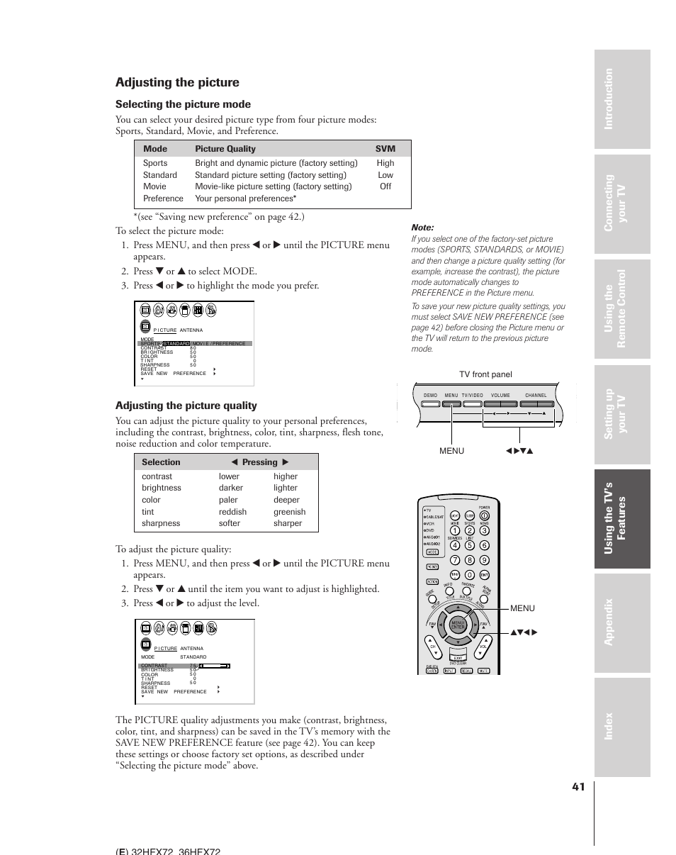 Adjusting the picture, Selecting the picture mode, Adjusting the picture quality | Toshiba 32HFX72 User Manual | Page 41 / 58