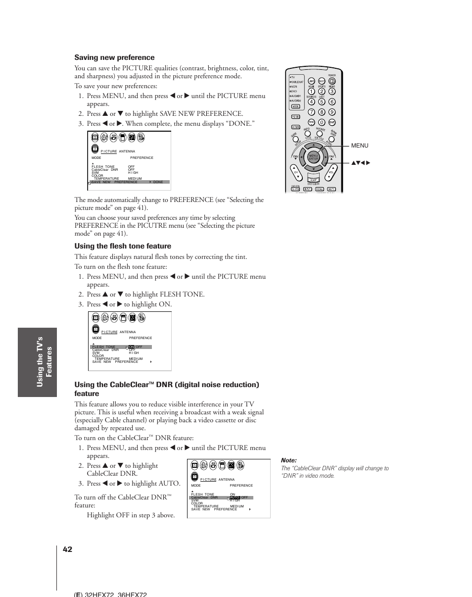 Saving new preference, Using the flesh tone feature, Feature: highlight off in step 3 above | Toshiba 32HFX72 User Manual | Page 42 / 58