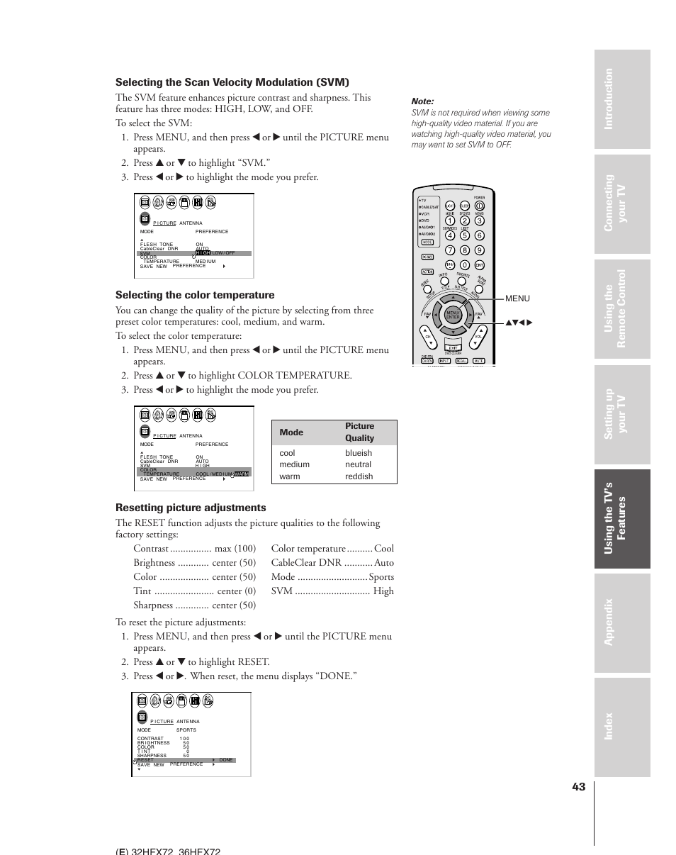 Selecting the scan velocity modulation (svm), Selecting the color temperature, Resetting picture adjustments | Toshiba 32HFX72 User Manual | Page 43 / 58