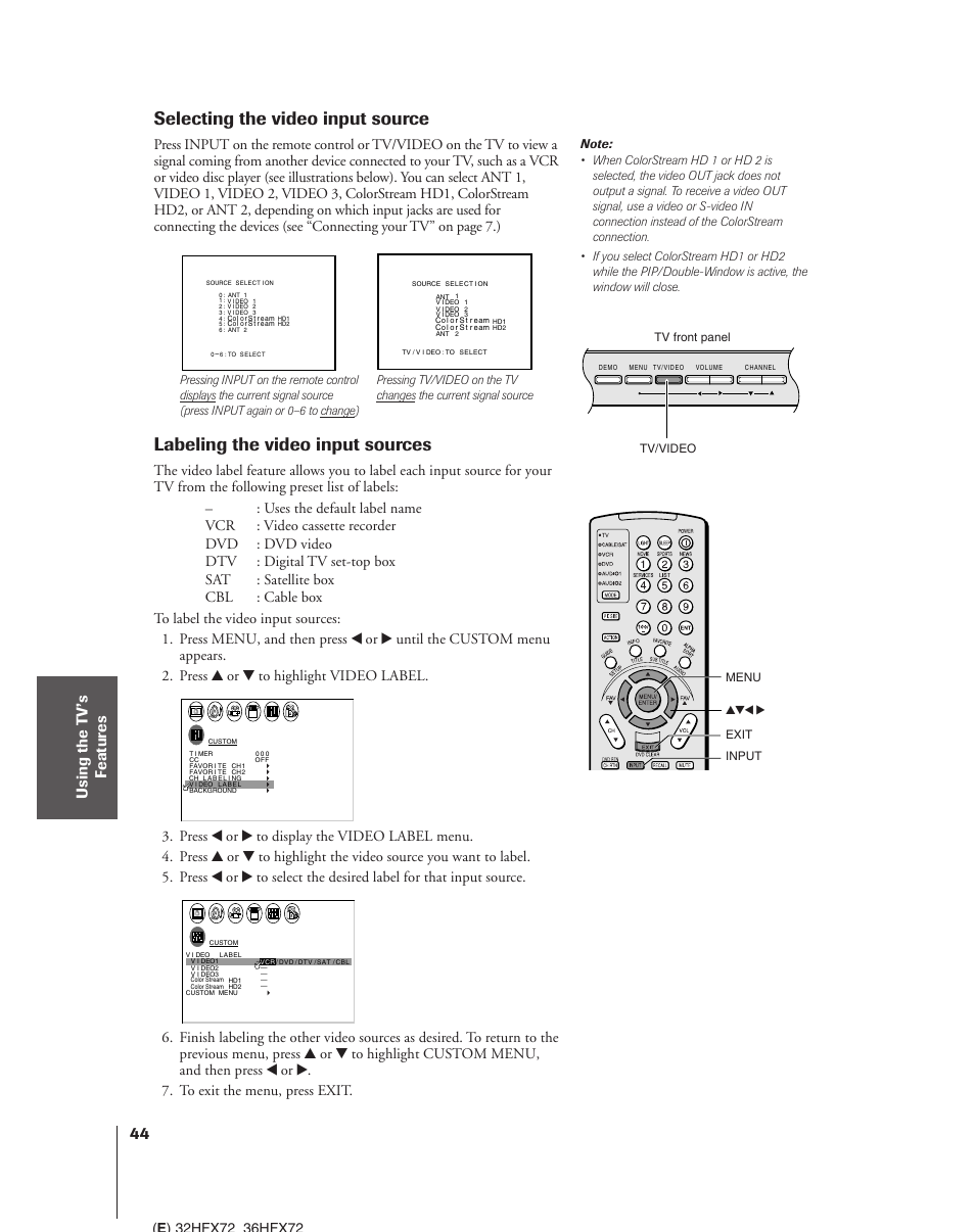 Labeling the video input sources, Selecting the video input source | Toshiba 32HFX72 User Manual | Page 44 / 58