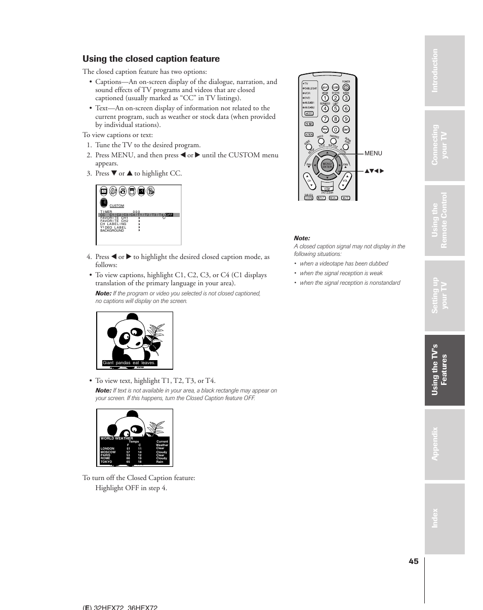 Using the closed caption feature | Toshiba 32HFX72 User Manual | Page 45 / 58