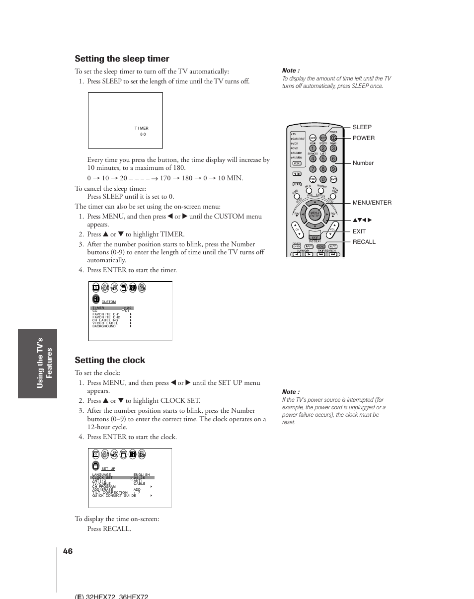 Setting the sleep timer and clock, Setting the sleep timer, Setting the clock | Toshiba 32HFX72 User Manual | Page 46 / 58