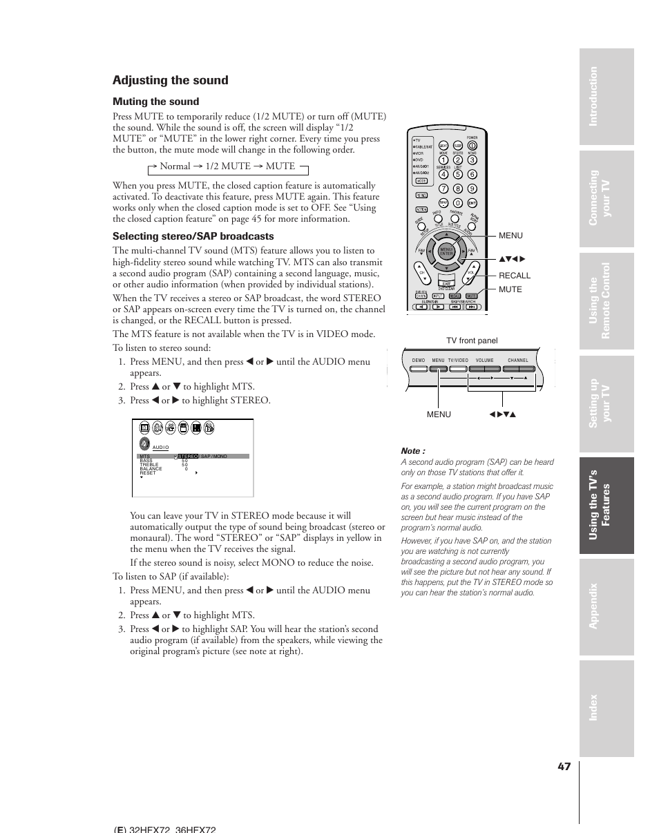 Adjusting the sound, Muting the sound, Selecting stereo/sap broadcasts | Toshiba 32HFX72 User Manual | Page 47 / 58
