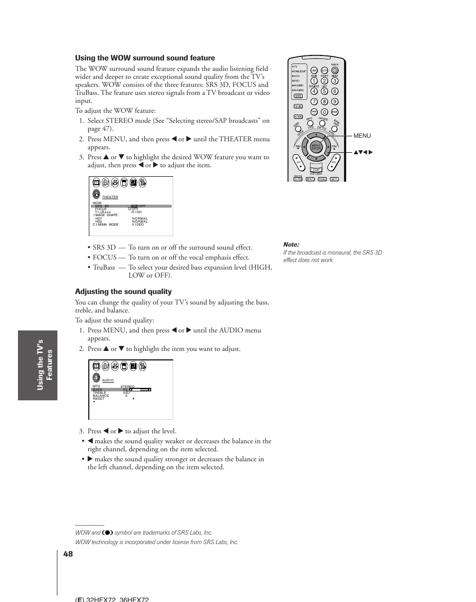 Using the wow surround feature, Adjusting the sound quality, Using the wow surround sound feature | Toshiba 32HFX72 User Manual | Page 48 / 58