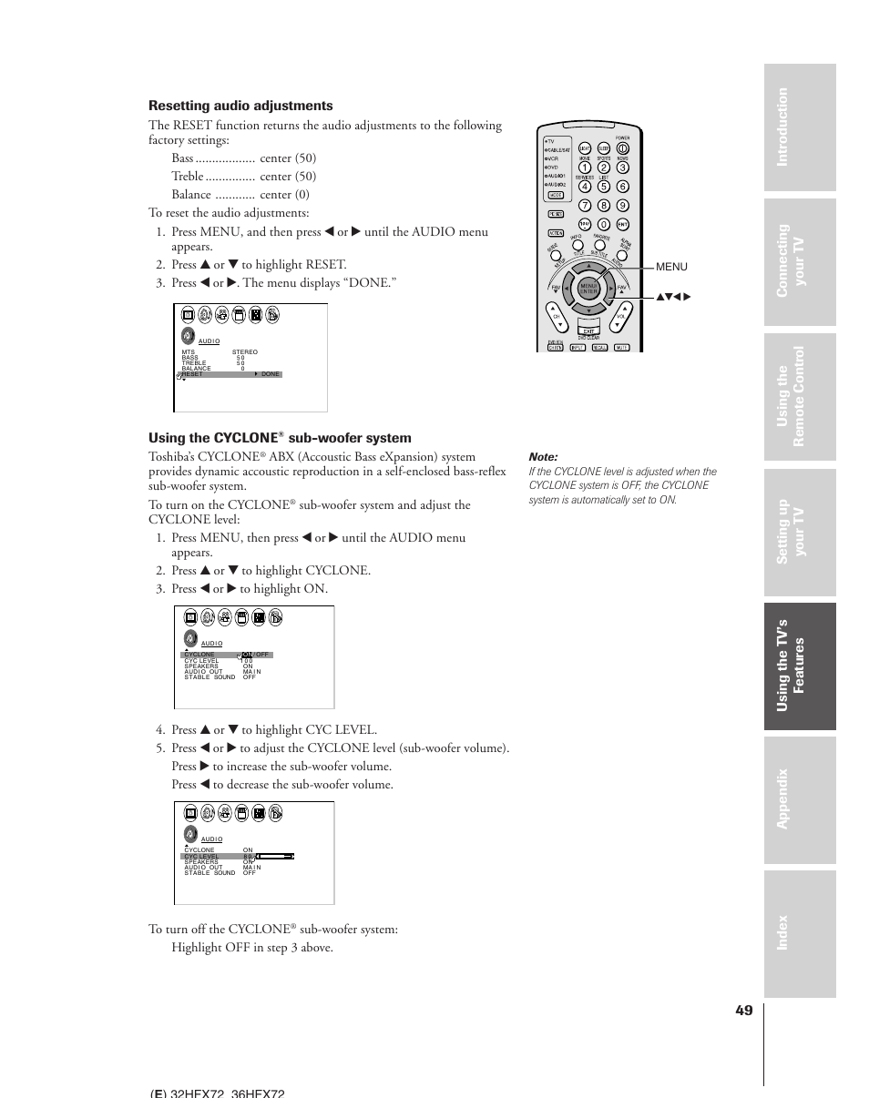 Resetting audio adjustments, Using the cyclone, Sub-woofer system | Toshiba’s cyclone, Sub-woofer system: highlight off in step 3 above, Yzx • menu | Toshiba 32HFX72 User Manual | Page 49 / 58