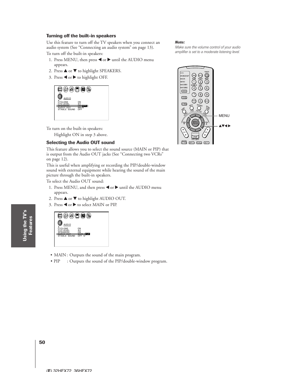 Turning off the built-in speakers, Selecting the audio out sound, Yzx • menu | Toshiba 32HFX72 User Manual | Page 50 / 58