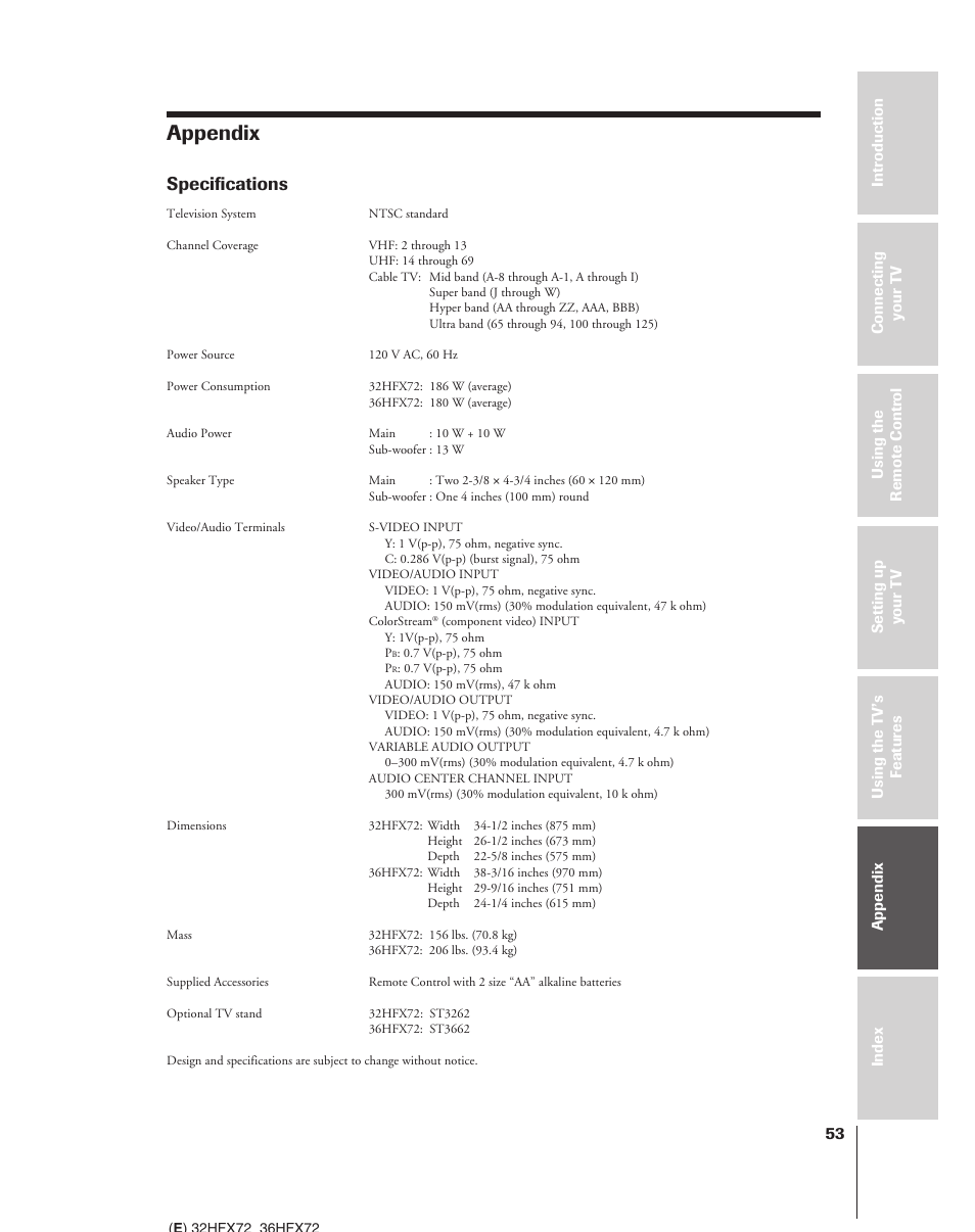 Appendix, Specifications | Toshiba 32HFX72 User Manual | Page 53 / 58