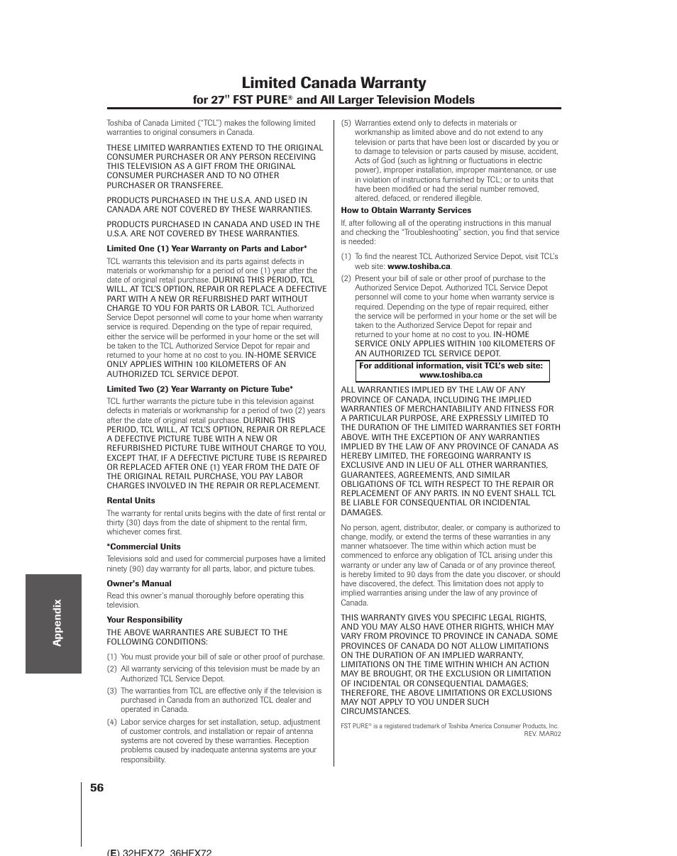 Limited warranty for canada, Limited canada warranty, For 27'' fst pure | And all larger television models | Toshiba 32HFX72 User Manual | Page 56 / 58