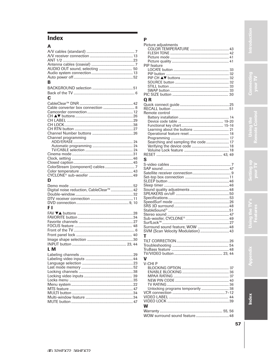 Index | Toshiba 32HFX72 User Manual | Page 57 / 58