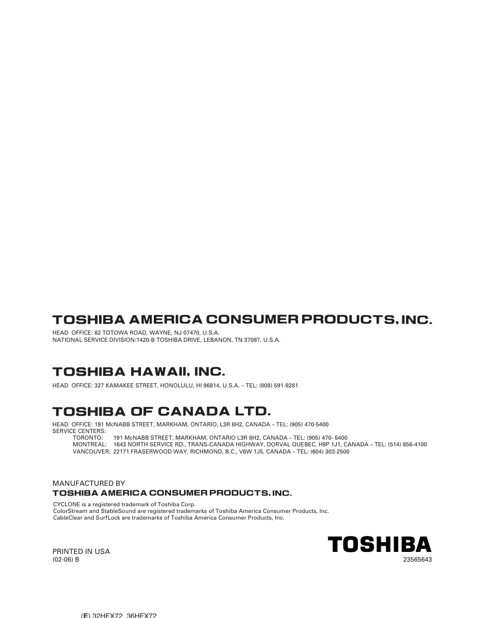 Back cover | Toshiba 32HFX72 User Manual | Page 58 / 58