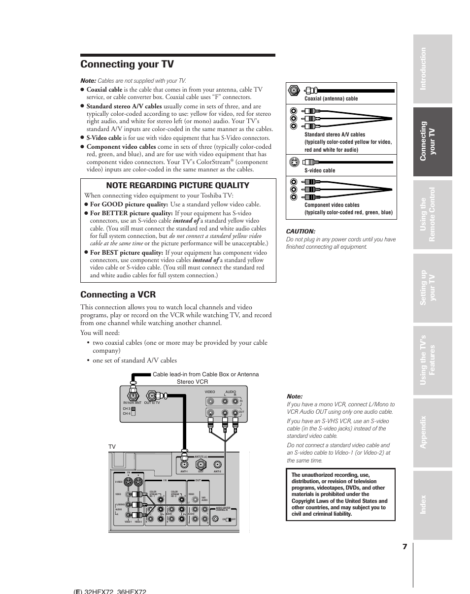 Connecting your tv, Connecting a vcr, When connecting video equipment to your toshiba tv | Toshiba 32HFX72 User Manual | Page 7 / 58