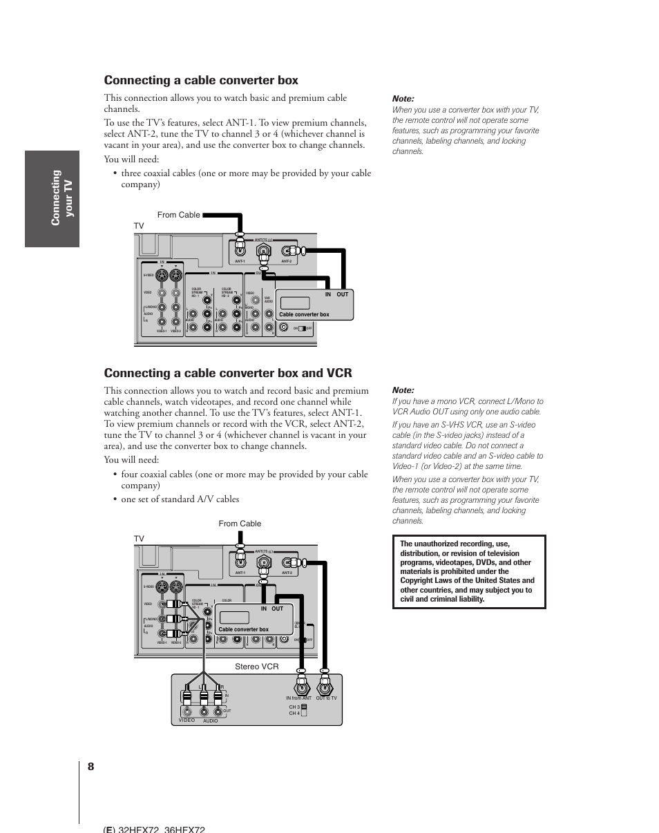 Cable converter box and a vcr, Connecting a cable converter box, Connecting a cable converter box and vcr | Tv from cable tv from cable stereo vcr | Toshiba 32HFX72 User Manual | Page 8 / 58