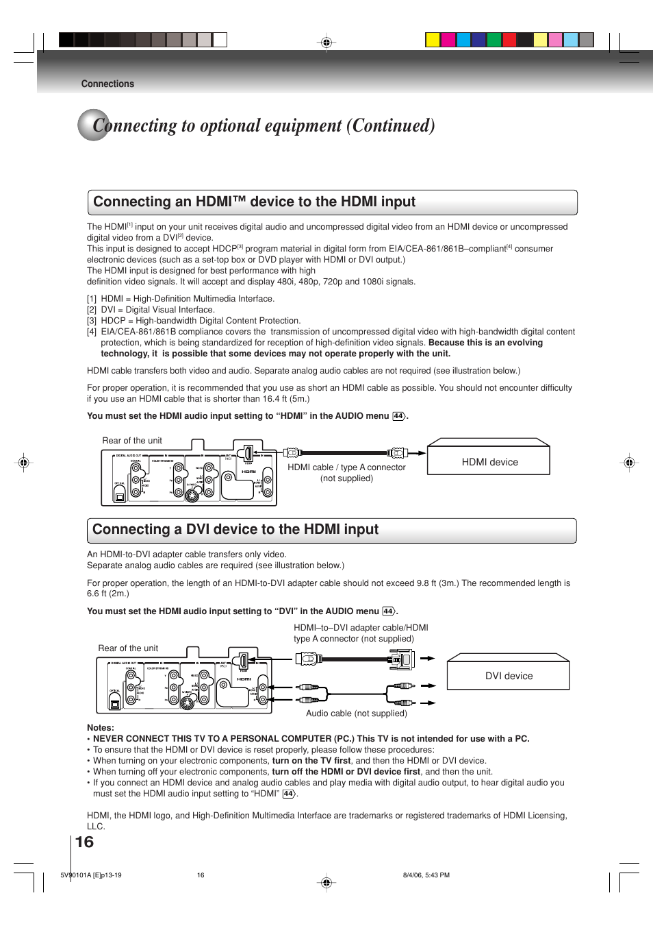 Connecting to optional equipment (continued), Connecting an hdmi™ device to the hdmi input, Connecting a dvi device to the hdmi input | Toshiba MW26H82 User Manual | Page 16 / 84