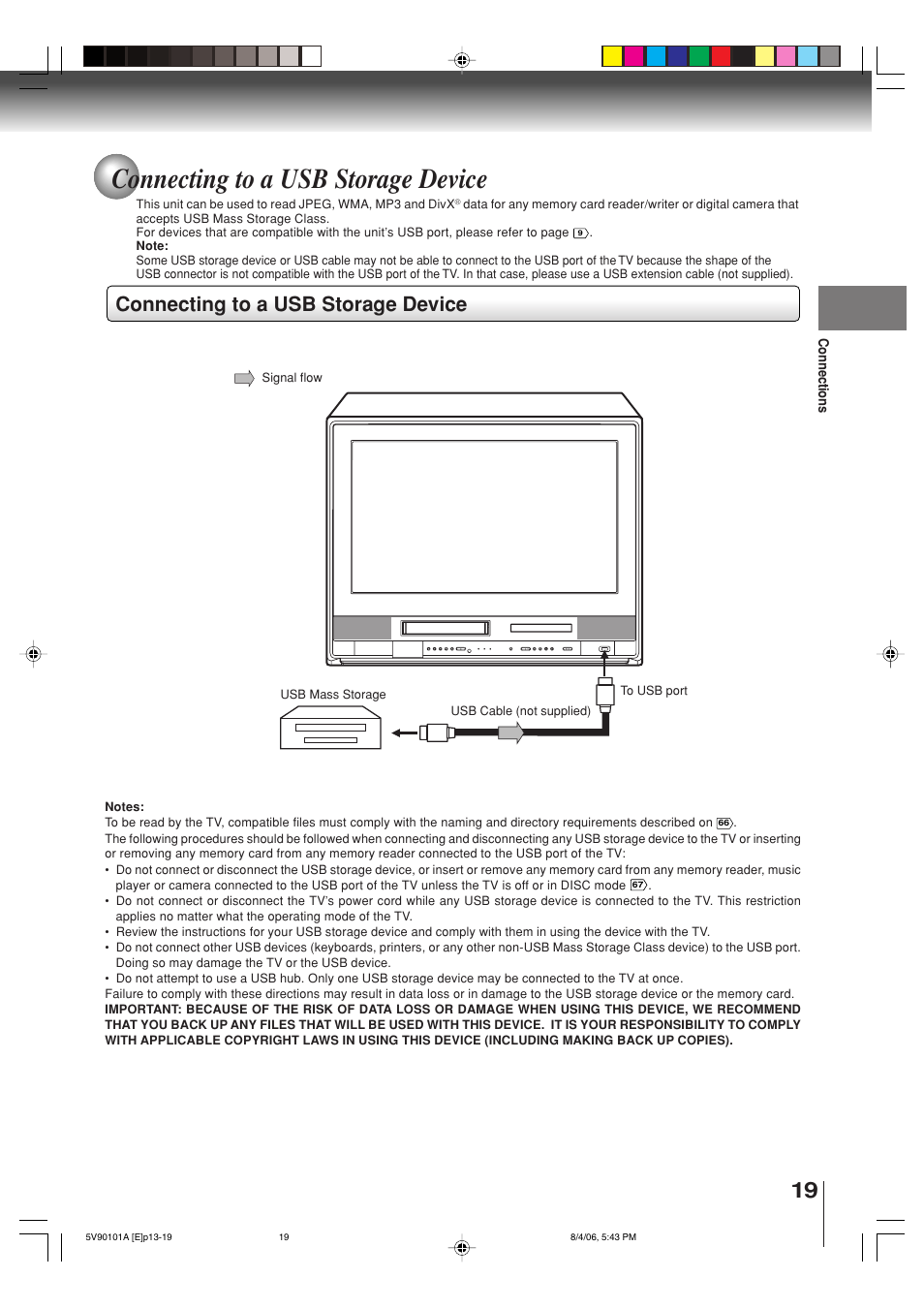 Connecting to a usb storage device | Toshiba MW26H82 User Manual | Page 19 / 84