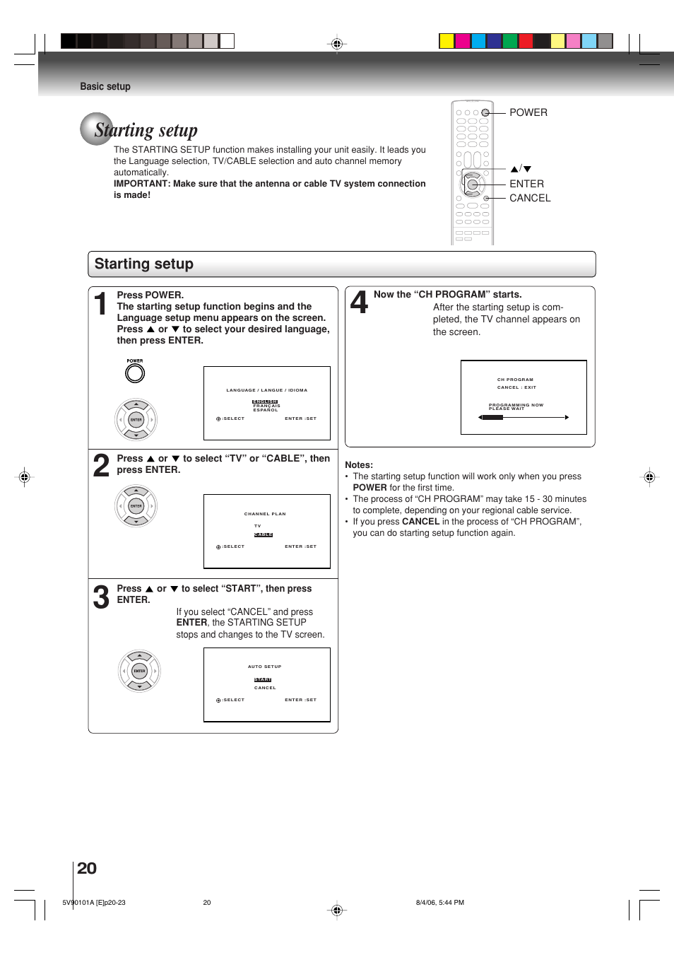 Starting setup | Toshiba MW26H82 User Manual | Page 20 / 84