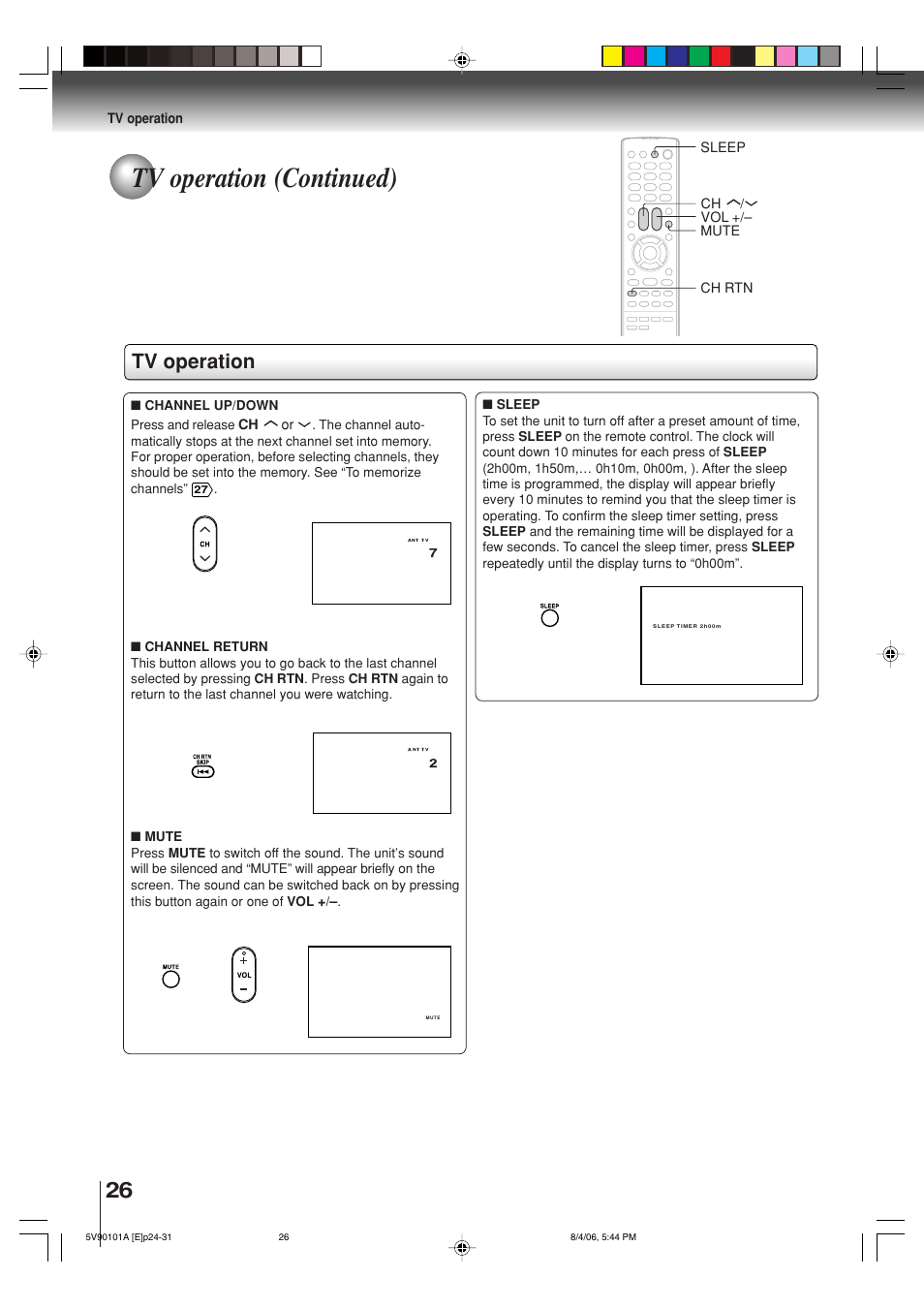 Tv operation (continued), Tv operation | Toshiba MW26H82 User Manual | Page 26 / 84