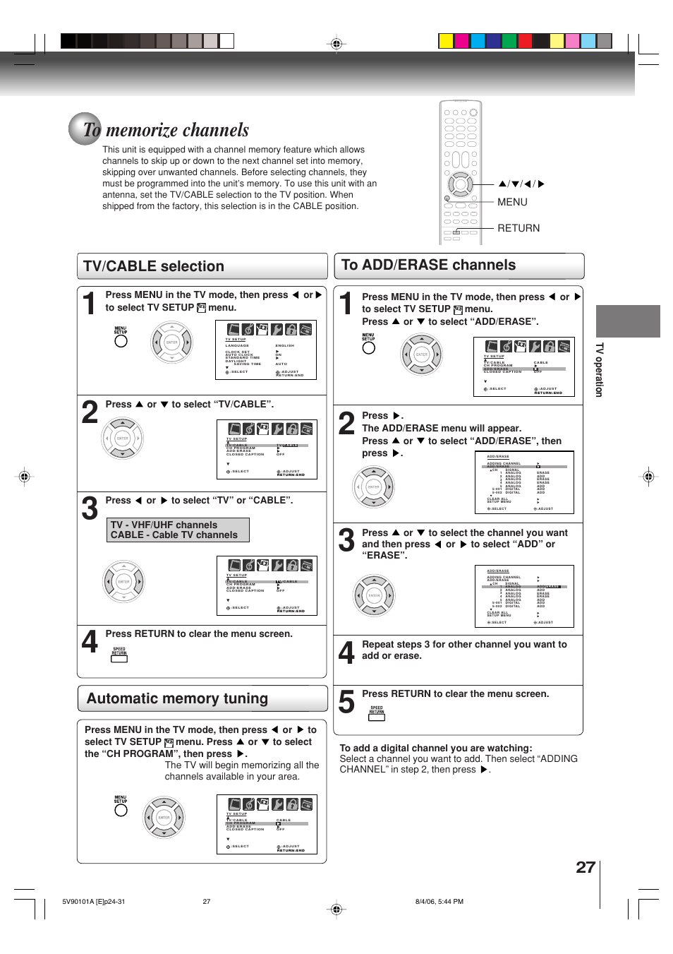 Tv/cable selection, Tv operation, Menu | Return | Toshiba MW26H82 User Manual | Page 27 / 84