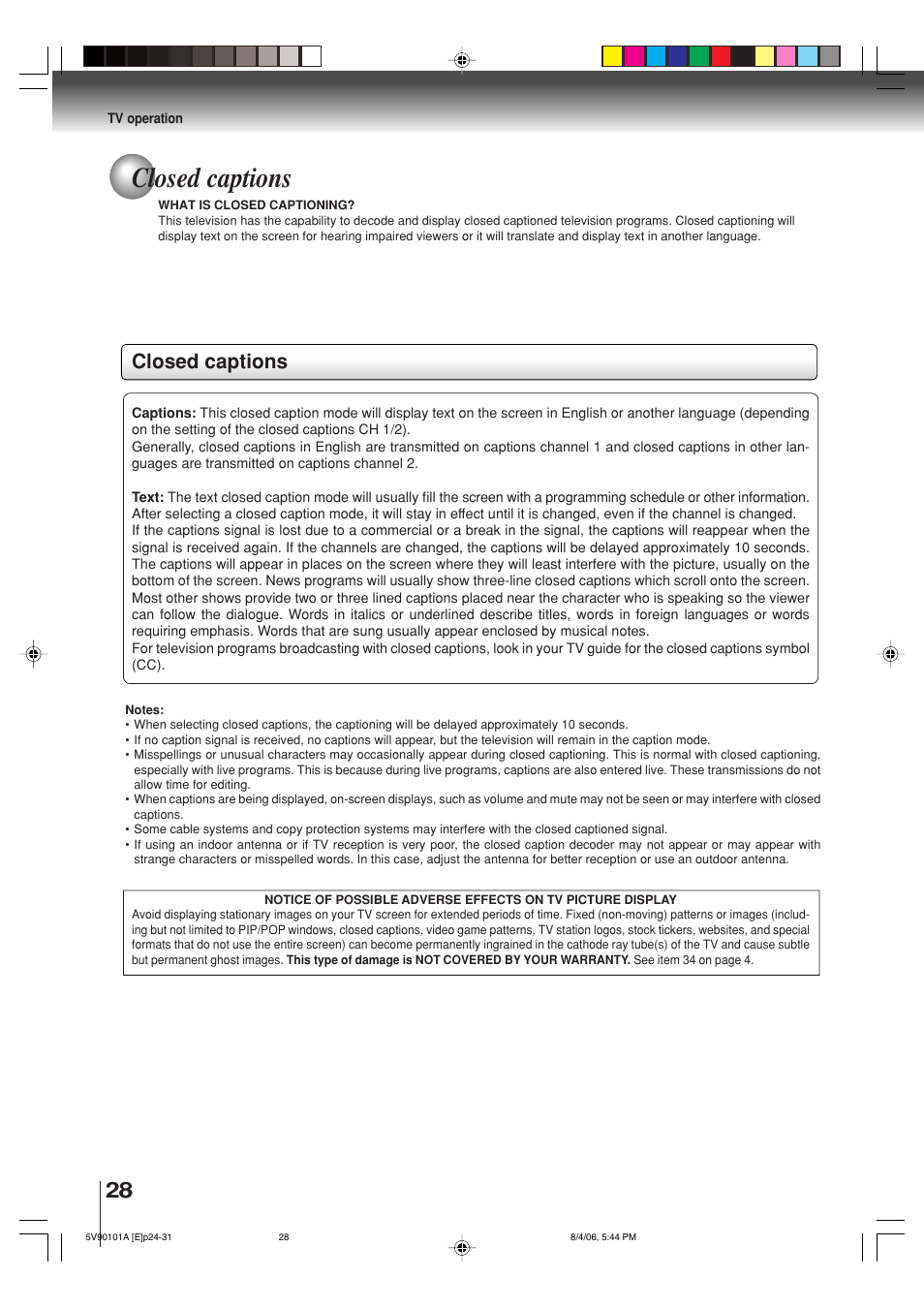 Closed captions | Toshiba MW26H82 User Manual | Page 28 / 84