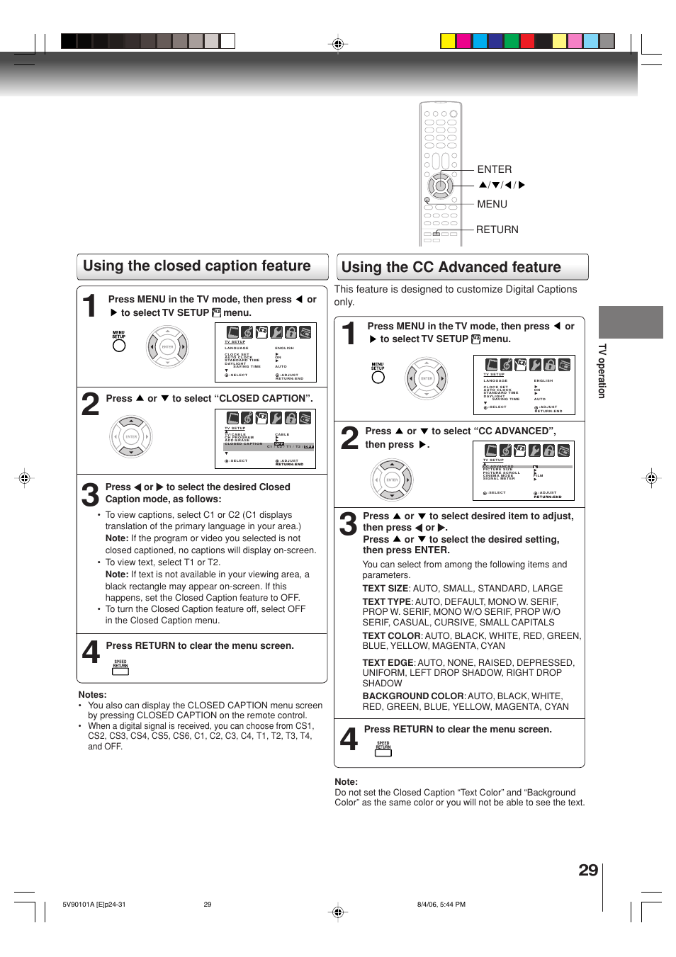 Using the closed caption feature, Using the cc advanced feature | Toshiba MW26H82 User Manual | Page 29 / 84