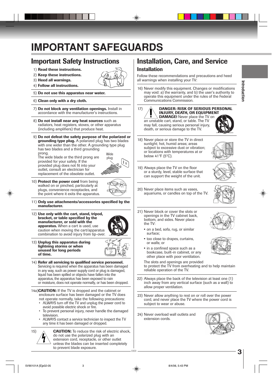 Important safeguards, Installation, care, and service, Important safety instructions | Installation | Toshiba MW26H82 User Manual | Page 3 / 84