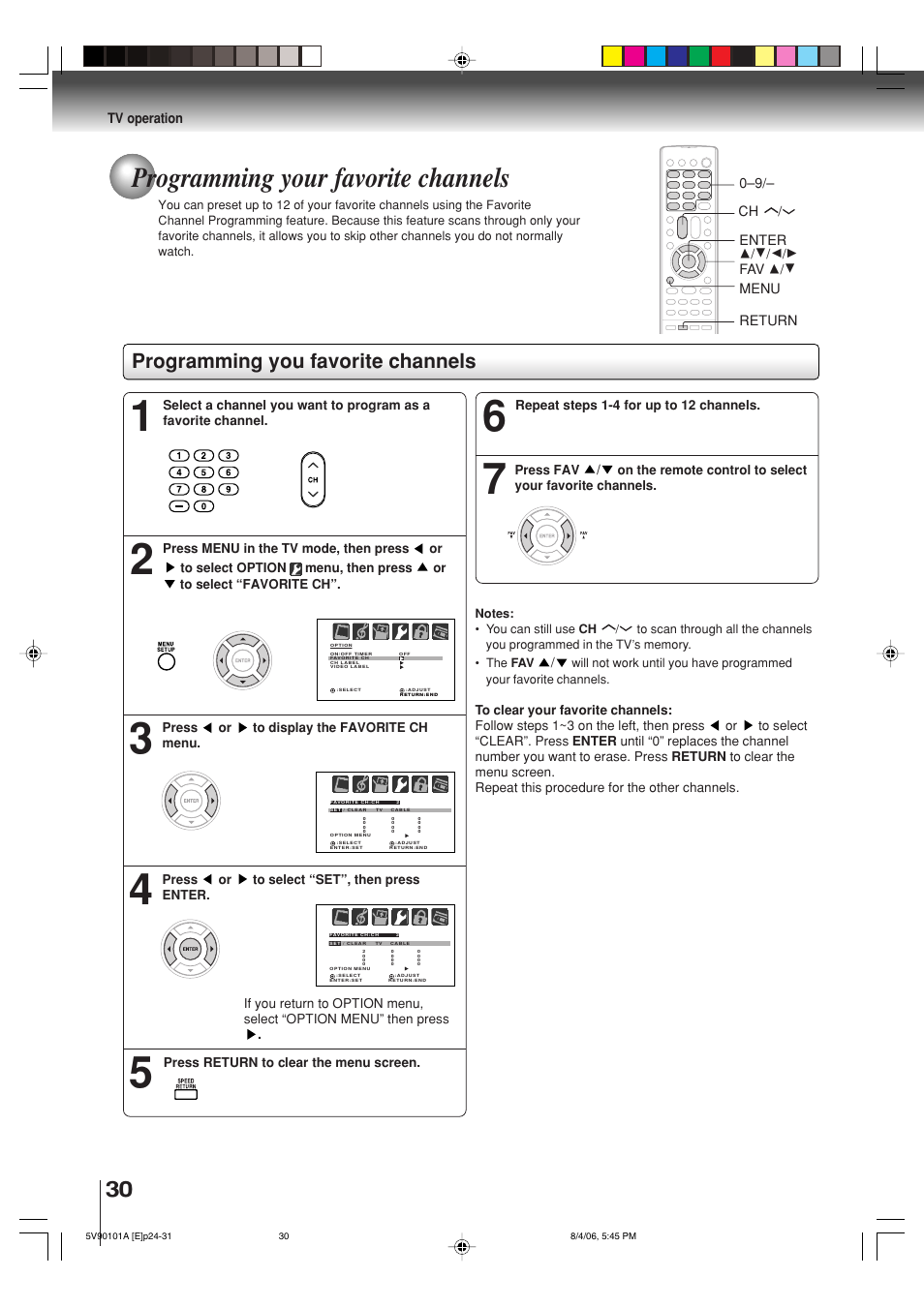 Programming your favorite channels, Programming you favorite channels | Toshiba MW26H82 User Manual | Page 30 / 84