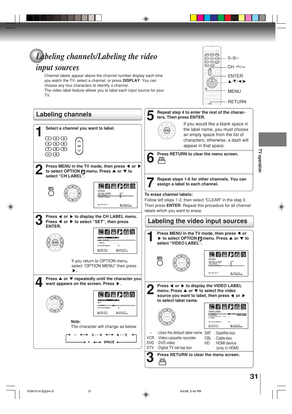 Labeling channels/labeling the video input sources, Labeling channels, Labeling the video input sources | Toshiba MW26H82 User Manual | Page 31 / 84