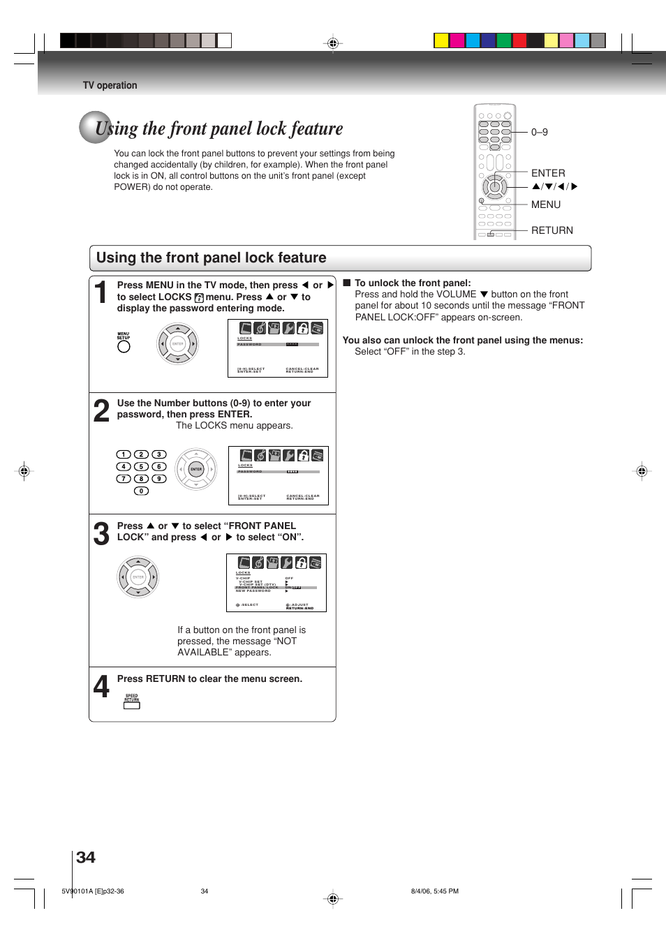 Using the front panel lock feature | Toshiba MW26H82 User Manual | Page 34 / 84