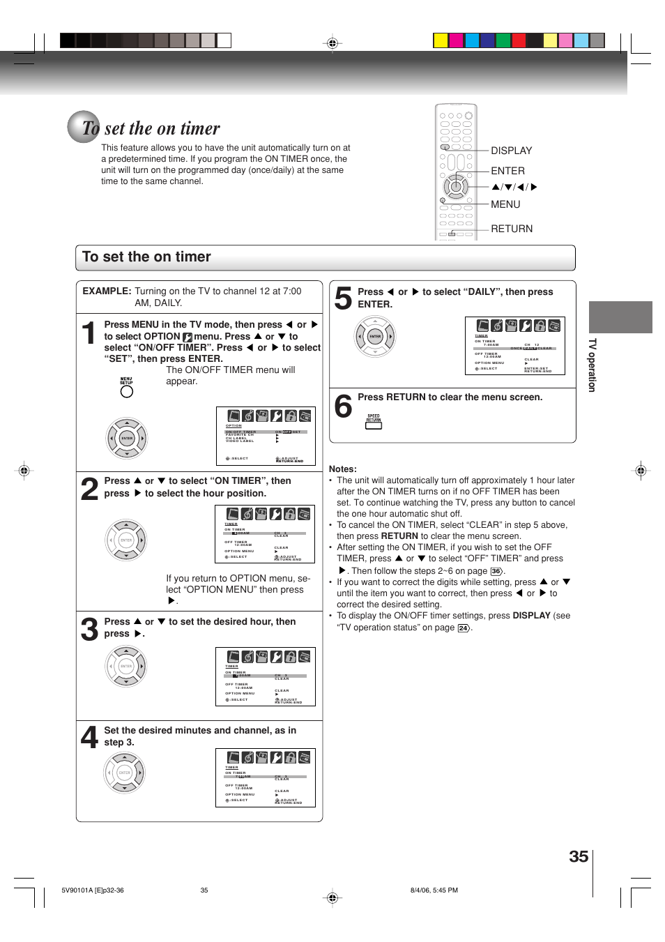 Tv operation, Menu enter, Return | Display | Toshiba MW26H82 User Manual | Page 35 / 84