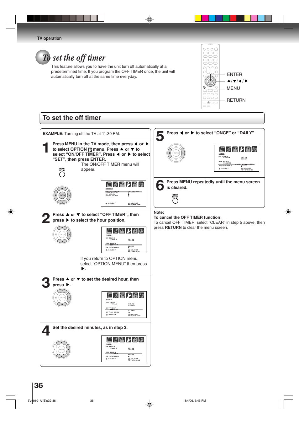 Tv operation, Menu, Enter return | Toshiba MW26H82 User Manual | Page 36 / 84