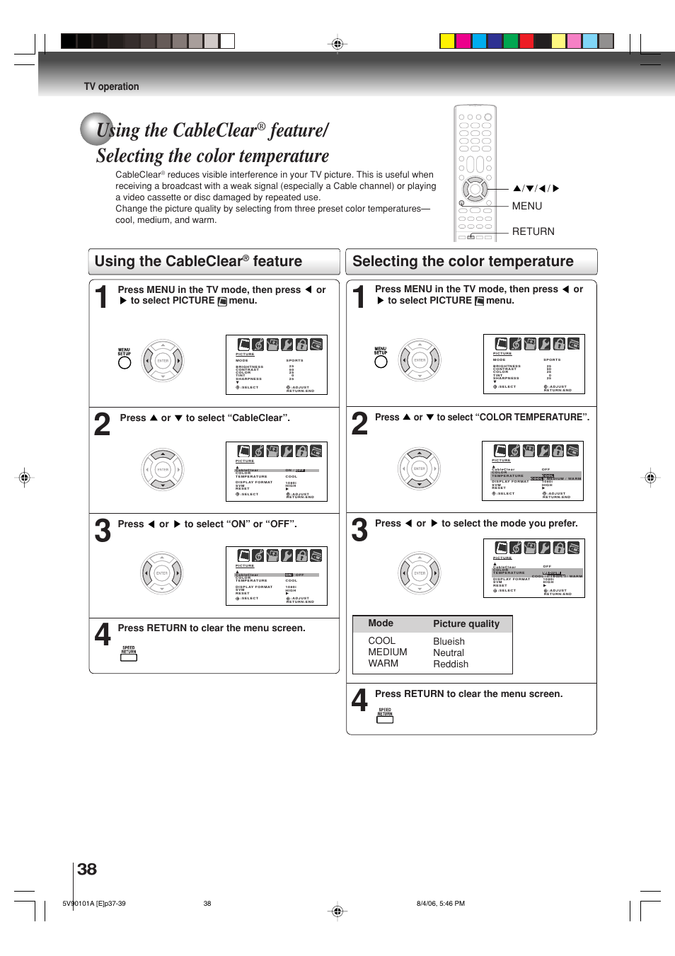 Using the cableclear, Feature/ selecting the color temperature, Selecting the color temperature | Feature, Tv operation, Menu / / / return | Toshiba MW26H82 User Manual | Page 38 / 84