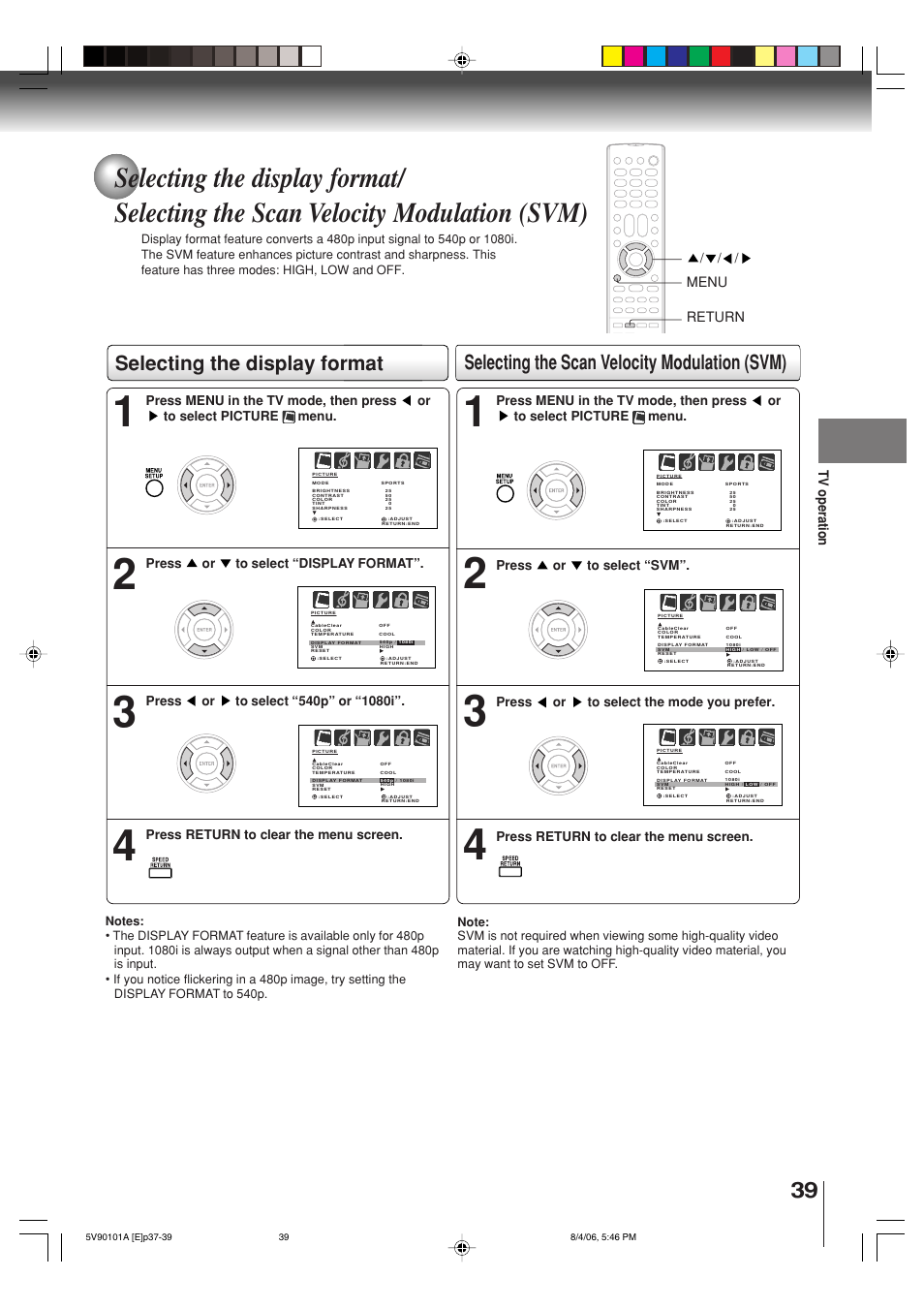 Selecting the display format, Selecting the scan velocity modulation (svm), Tv operation | Menu / / / return | Toshiba MW26H82 User Manual | Page 39 / 84