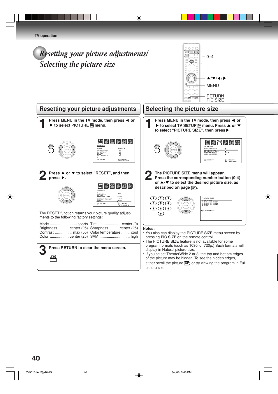 Resetting your picture adjustments, Selecting the picture size | Toshiba MW26H82 User Manual | Page 40 / 84