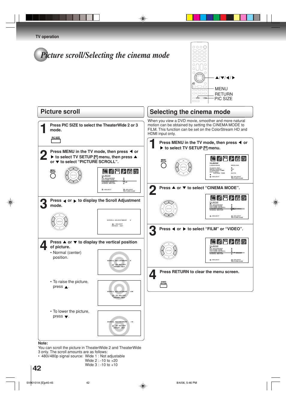 Picture scroll/selecting the cinema mode, Picture scroll selecting the cinema mode | Toshiba MW26H82 User Manual | Page 42 / 84