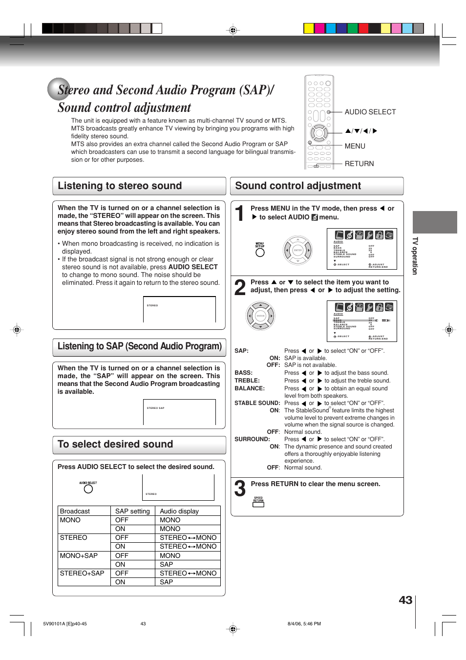 Sound control adjustment, Listening to sap (second audio program) | Toshiba MW26H82 User Manual | Page 43 / 84